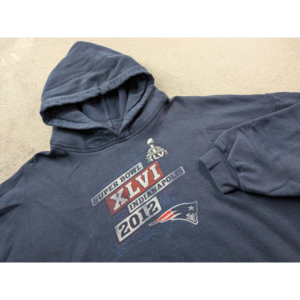 Gildan Mens New England Patriots Super Bowl XLVI 2012 Hoodie Navy Blue 2XL